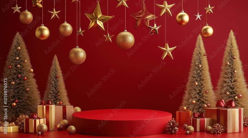 Festive Red Christmas Display with Golden Ornaments Festive Red Christmas Display with Golden Ornaments