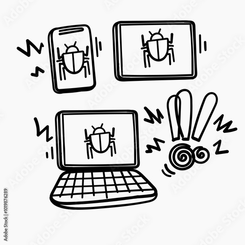 hand drawn doodle virus bug computer illustration