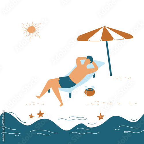 Handsome tanned man in swim shorts sunbathing on the beach on sea or ocean. Happy guy lying in chaise lounge. Sea waves, sand. Summer time, relax, rest and vacation.