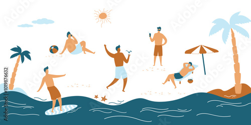 Group of tanned handsome men in shorts sunbathing, swimming and surfing on the beach on sea. Sun, ocean waves, palm trees. Beach activities. Summer time, relax and vacation.