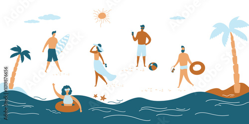 Group of beautiful tanned girls and handsome men in swimsuits sunbathing, swimming and diving on the beach on sea. Sun, ocean waves, palm trees. summer time,