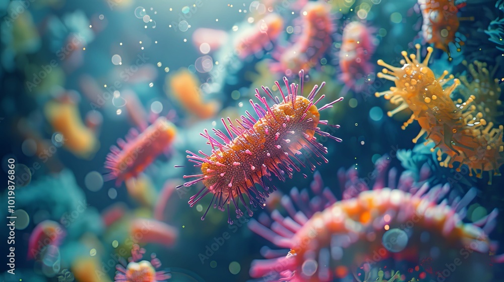 A Colorful Close-up of a Virus with Spikes and a Bokeh Background A Colorful Close-up of a Virus with Spikes and a Bokeh Background