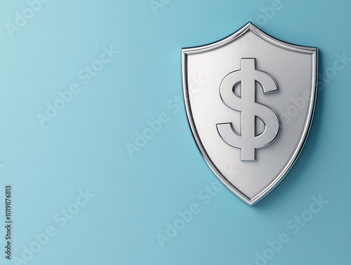 Silver shield with a reflective dollar symbol, polished and professional, 3D illustration