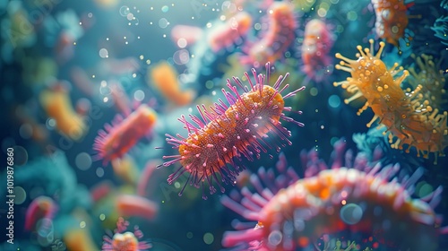 A Colorful Close-up of a Virus with Spikes and a Bokeh Background