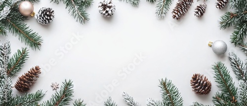 Festive christmas composition with fir tree branches and decorations on pastel gray background - winter holiday, new year concept, flat lay, top view, copy space photo