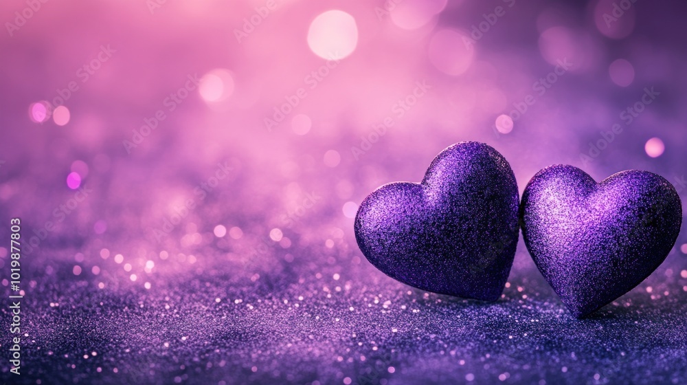 Fototapeta premium Glimmering Purple Hearts on Sparkling Background