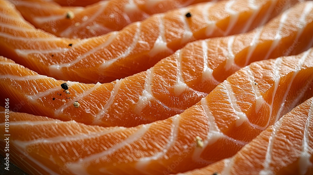 Close-up of Raw Salmon Slices with Black Peppercorns Close-up of Raw Salmon Slices with Black Peppercorns