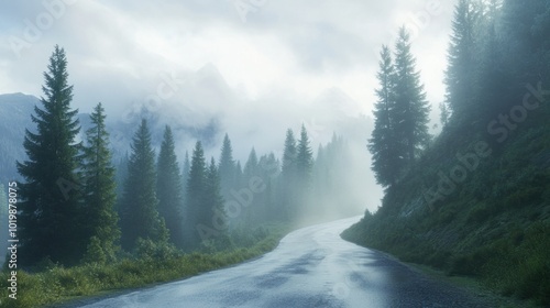 A foggy mountain road with tall pine trees shrouded in mist and soft morning light peeking through.