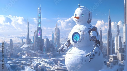 Futuristic Robotic Figure in Advanced Cityscape with Towering Skyscrapers photo