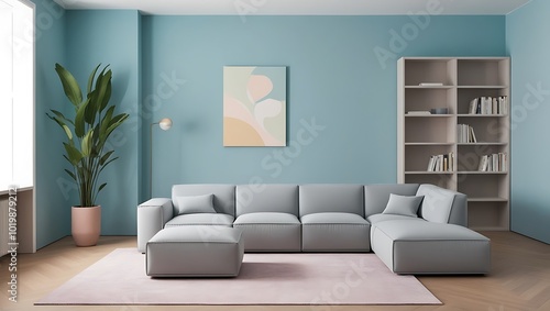 Fototapeta Naklejka Na Ścianę i Meble -  3d house living room interior with abstract wall art decor. mockup your design