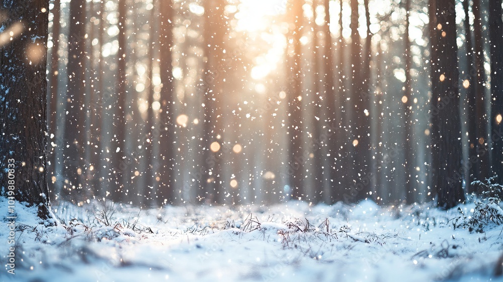 Blurry winter forest with snowdrifts and light snowfall - serene winter-themed background in wide format Blurry winter forest with snowdrifts and light snowfall - serene winter-themed background in wide format