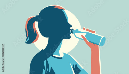 a woman drink a water from a bottle, flat design illustration