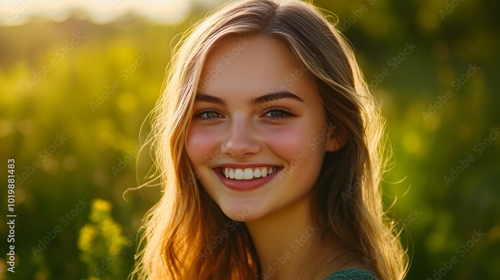 Radiant Blond Woman Smiling Cheerfully in Lush Summer Meadow Radiant Blond Woman Smiling Cheerfully in Lush Summer Meadow