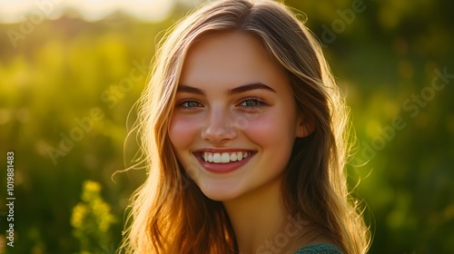 Radiant Blond Woman Smiling Cheerfully in Lush Summer Meadow