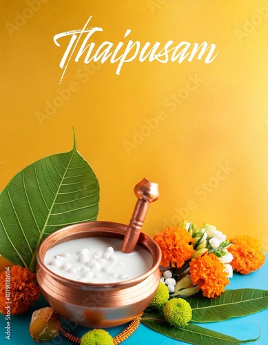 Thaipusam Poster Design with Milk Pot and Marigold Flower. Indian Festival photo