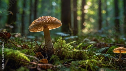 "Mushroom and Insect in Sunlit Forest: Intricate Nature Photography"