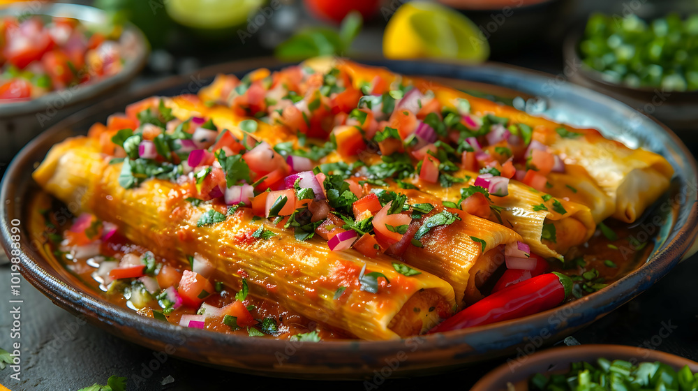 Close Up of Delicious Enchiladas with Tomato Salsa Close Up of Delicious Enchiladas with Tomato Salsa