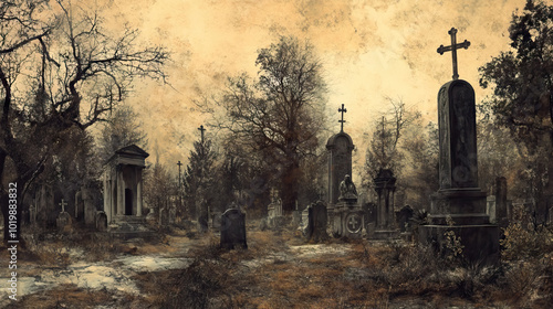 Creepy and mysterious graveyard from the eighteenth century in vintage neutral color for halloween background.