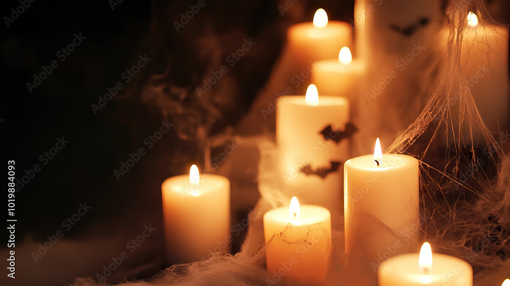 blurred white lit candles, smoke, spiderweb and bats on dark background with copy space for halloween. blurred white lit candles, smoke, spiderweb and bats on dark background with copy space for halloween.