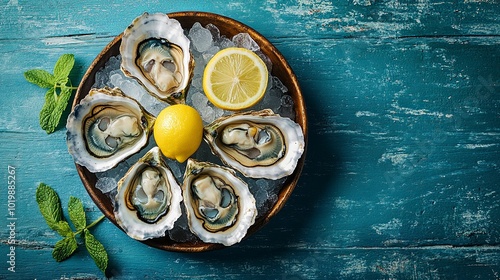 Raw Oysters on Ice with Lemon and Mint in Wooden Bowl photo