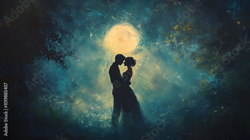 Silhouetted Couple Embracing Under Glowing Moonlit Sky in Romantic Landscape