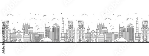 Seamless pattern with outline Minsk Belarus City Skyline with Modern Buildings Isolated on White. Minsk Cityscape with Landmarks.