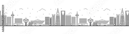 Seamless pattern with outline Riyadh Saudi Arabia City Skyline with Modern Buildings Isolated on White. Riyadh Cityscape with Landmarks.