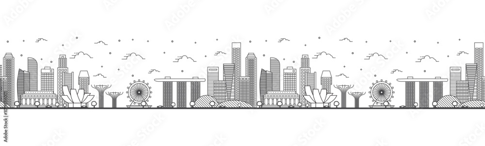 Fototapeta premium Seamless pattern with outline Singapore City Skyline with Modern Buildings Isolated on White. Singapore Cityscape with Landmarks.