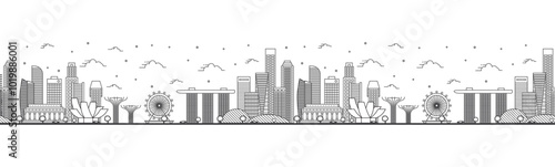 Seamless pattern with outline Singapore City Skyline with Modern Buildings Isolated on White. Singapore Cityscape with Landmarks.