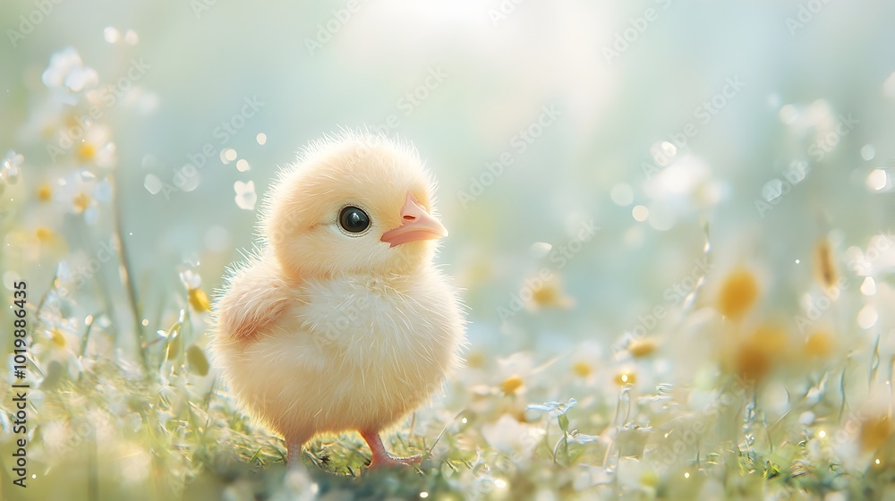 Adorable Baby Duckling Exploring a Lush Spring Meadow with Daisies Adorable Baby Duckling Exploring a Lush Spring Meadow with Daisies