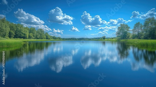 A serene lake with a clear blue sky, white puffy clouds, and a reflection of the clouds in the still water. The shoreline is lined with trees, and there is a green grassy area in the foreground.