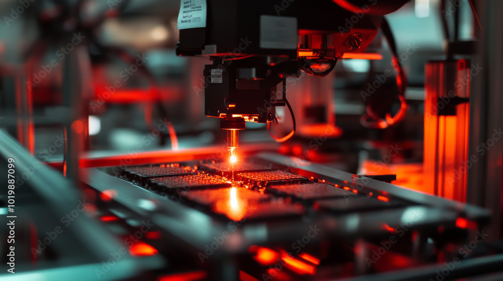 A factory uses lasers on robotic arms to cut tiny chips from silicon wafers. These chips are used to make computer processors (CPUs). The wafers are like thin, round slices of a crystal. A factory uses lasers on robotic arms to cut tiny chips from silicon wafers. These chips are used to make computer processors (CPUs). The wafers are like thin, round slices of a crystal.
