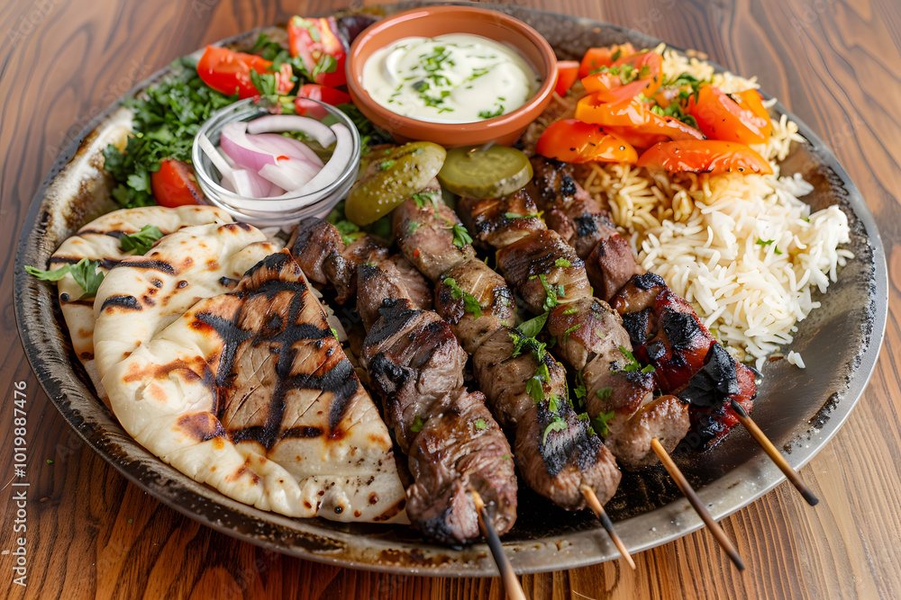 Tender grilled lamb kebab skewers with perfectly charred edges, served alongside grilled peppers, onions, and zucchini Tender grilled lamb kebab skewers with perfectly charred edges, served alongside grilled peppers, onions, and zucchini