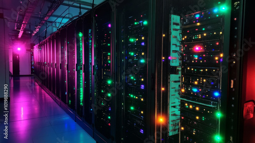 A server rack with bright lights represents a data center or digital storage facility. This symbolizes the world of cloud computing and how data is processed and stored.