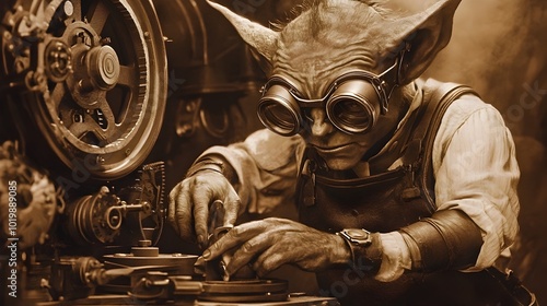 Eccentric Steampunk Inspired Alien Creature Tinkering with Vintage Machinery and Gadgets photo