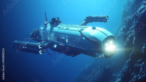 This is a robotic submarine that can move on its own. It has robotic arms for tasks and is controlled from a distance. It's used to explore the deep ocean and watch what's happening on the seafloor. photo