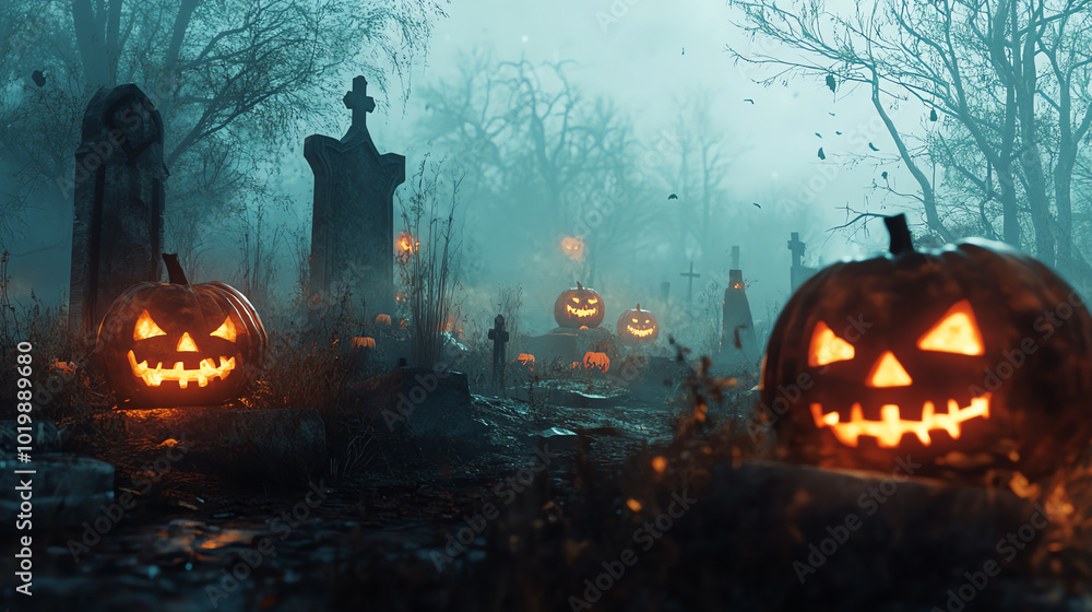 Fototapeta premium Spooky Halloween scene featuring glowing jack-o'-lanterns among misty gravestones in an eerie graveyard.