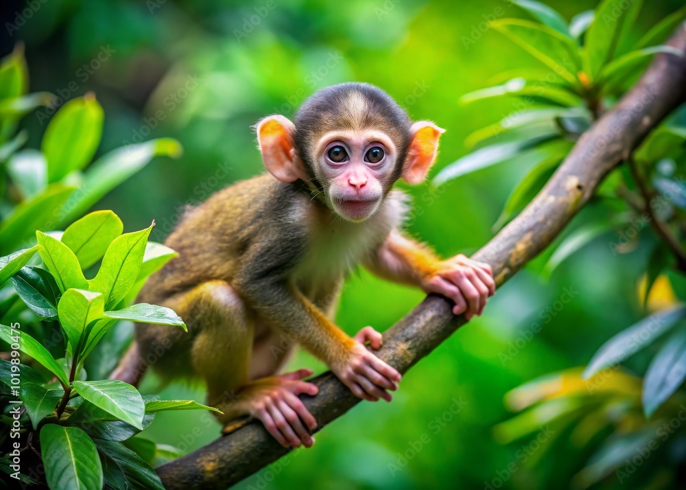 Playful Infant Monkey Climbing on Branch in Lush Green Environment Capturing Nature's Charm Playful Infant Monkey Climbing on Branch in Lush Green Environment Capturing Nature's Charm