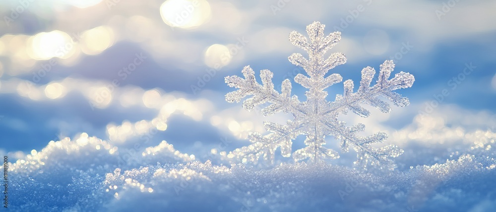 Close-up of a delicate snowflake resting on a natural snowdrift - perfect winter and christmas background Close-up of a delicate snowflake resting on a natural snowdrift - perfect winter and christmas background