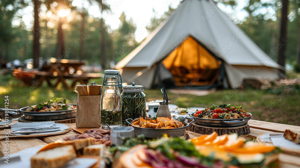 cozy dinner set against a stunning bright sky during a glamping experience. Soft lighting illuminates the table, creating a magical atmosphere that symbolizes connection with nature and serenity cozy dinner set against a stunning bright sky during a glamping experience. Soft lighting illuminates the table, creating a magical atmosphere that symbolizes connection with nature and serenity
