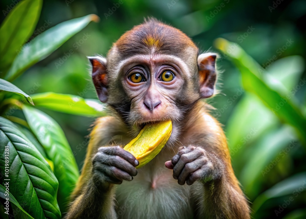 Fototapeta premium Playful monkey enjoying a ripe banana in a lush green jungle setting, showcasing its natural behavior