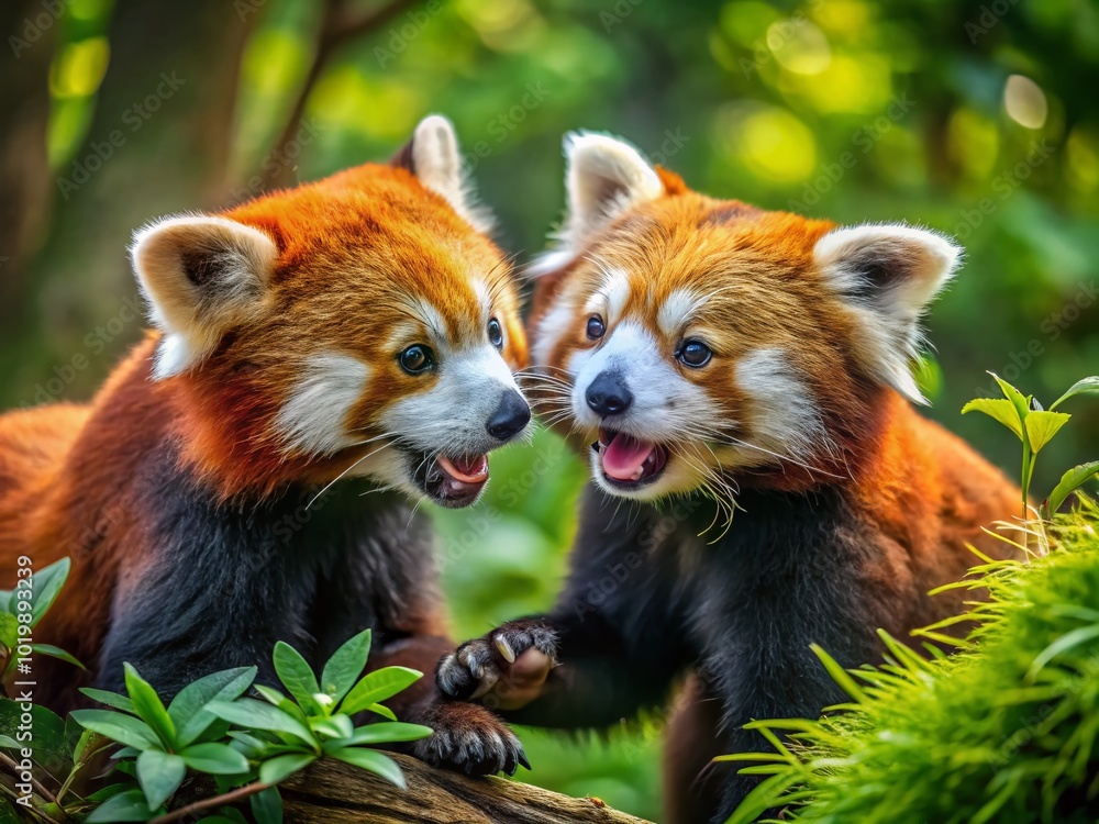 Fototapeta premium Playful Red Pandas Engaging in a Friendly Fight in a Lush Forest Environment Under Natural Light