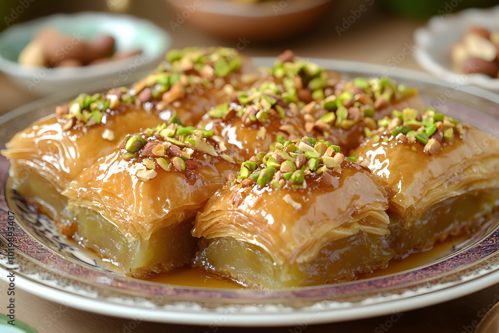 Golden, flaky Arabian baklava with layers of filo pastry filled with finely chopped pistachios and walnuts, a sweet traditional treat Golden, flaky Arabian baklava with layers of filo pastry filled with finely chopped pistachios and walnuts, a sweet traditional treat