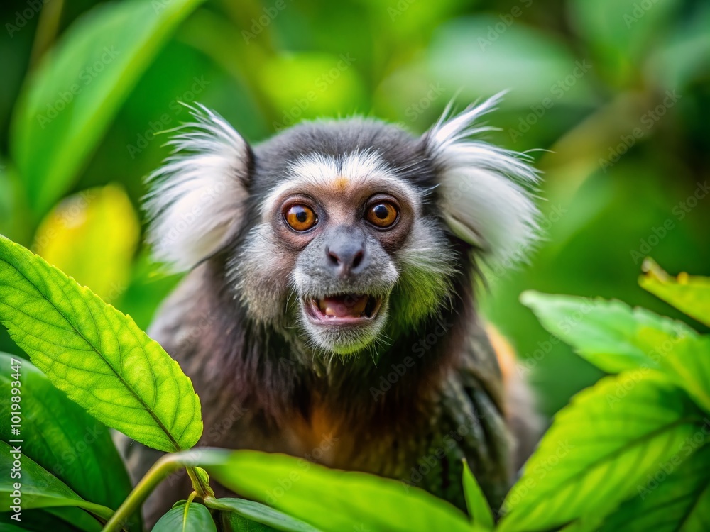 Fototapeta premium Playful Sagui Monkey in a Natural Habitat Surrounded by Lush Green Vegetation and Trees