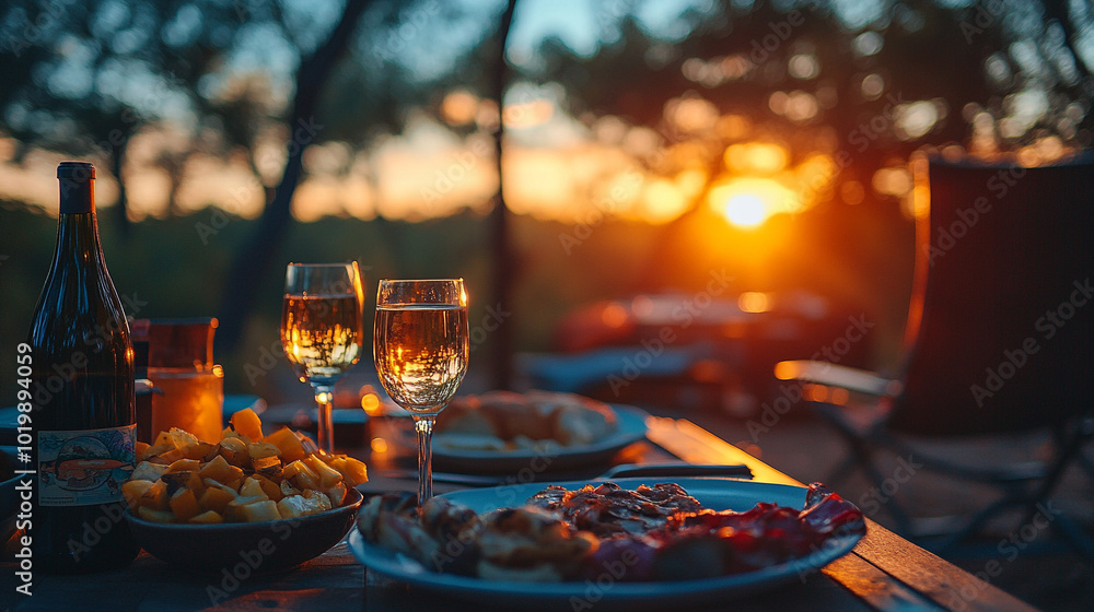 cozy dinner set against a stunning bright sky during a glamping experience. Soft lighting illuminates the table, creating a magical atmosphere that symbolizes connection with nature and serenity cozy dinner set against a stunning bright sky during a glamping experience. Soft lighting illuminates the table, creating a magical atmosphere that symbolizes connection with nature and serenity