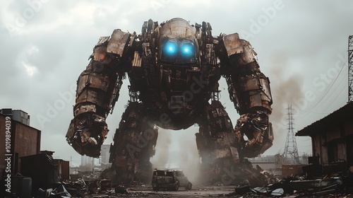 Massive Golem Figure Constructed from Recycled Materials Towering Over Junkyard Landscape with Glowing Blue Eyes and Ethereal Energy