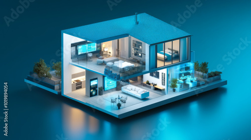 This is a 3D model of a smart home, showing how internet-connected devices work together. It shows how you can control your home's appliances and systems from anywhere.