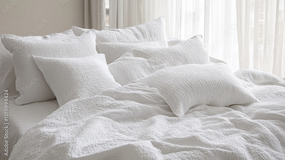 white bed with crisp, smooth sheets and fluffy pillows, set in a cozy, minimalist bedroom white bed with crisp, smooth sheets and fluffy pillows, set in a cozy, minimalist bedroom