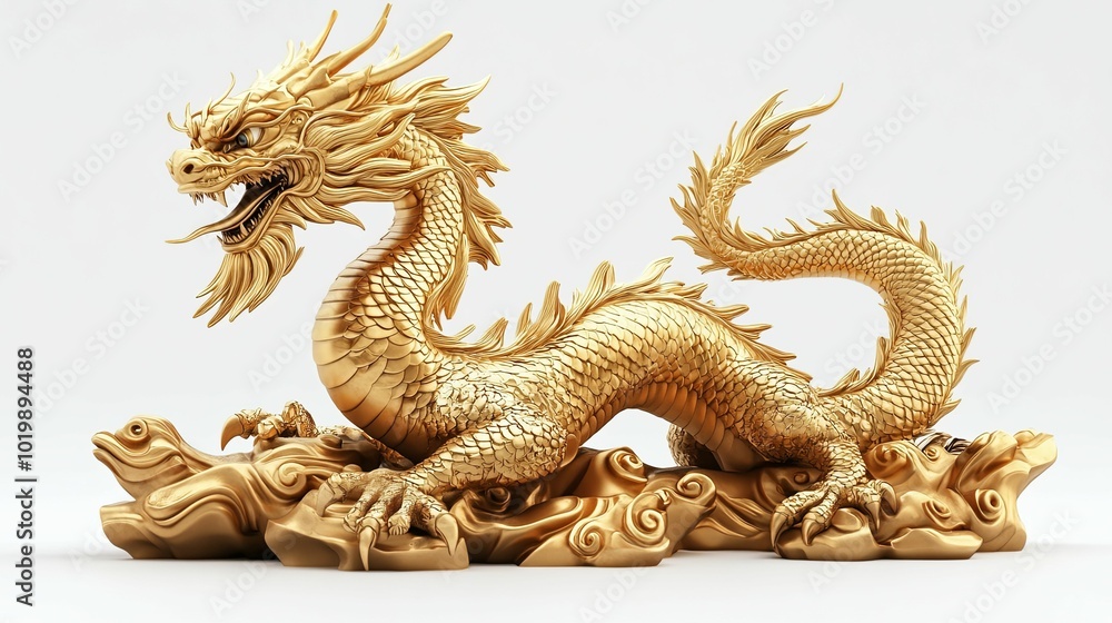 Fototapeta premium Golden Dragon Statue with Intricate Details on a Cloud Base