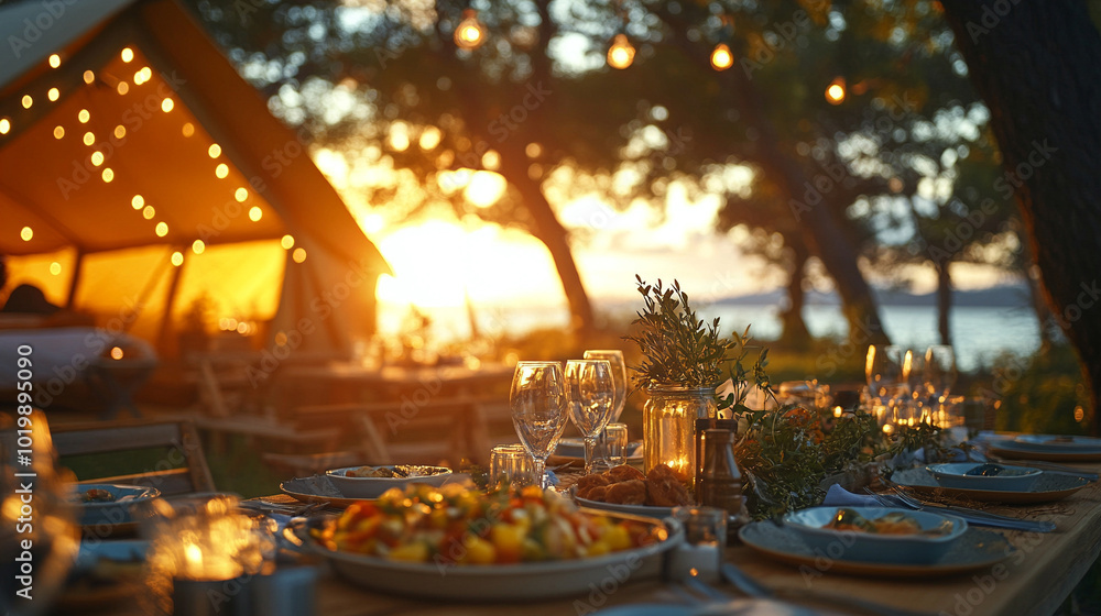cozy dinner set against a stunning bright sky during a glamping experience. Soft lighting illuminates the table, creating a magical atmosphere that symbolizes connection with nature and serenity cozy dinner set against a stunning bright sky during a glamping experience. Soft lighting illuminates the table, creating a magical atmosphere that symbolizes connection with nature and serenity